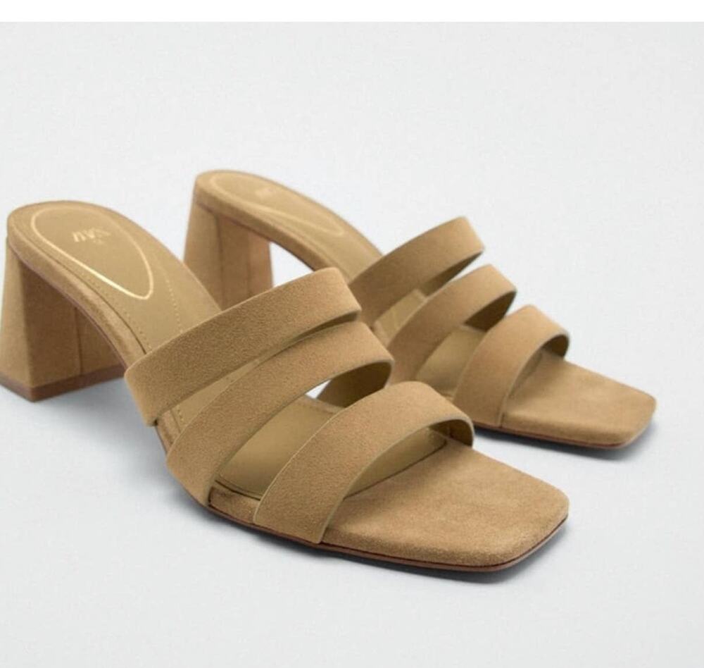 Zara Suede Triple Strap Block Heel Sandals Size 41 NWT Brown
